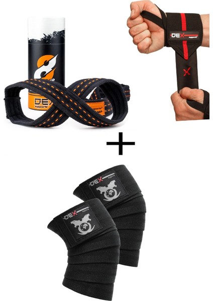 Fitness Sporcu Bilekliği Wrist Wraps Elite + Ağırlık Kaldırma Kayışı 8 Loop Lifting Straps Turuncu + Antrenman Dizliği Knee Wraps Legend 3'lü Paket