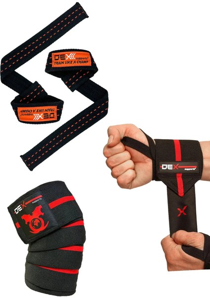 Fitness Sporcu Bilekliği Wrist Wraps Elite + Ağırlık Kaldırma Kayışı Lifting Straps Turuncu + Antrenman Dizliği Knee Wraps Elite 3'lü Paket