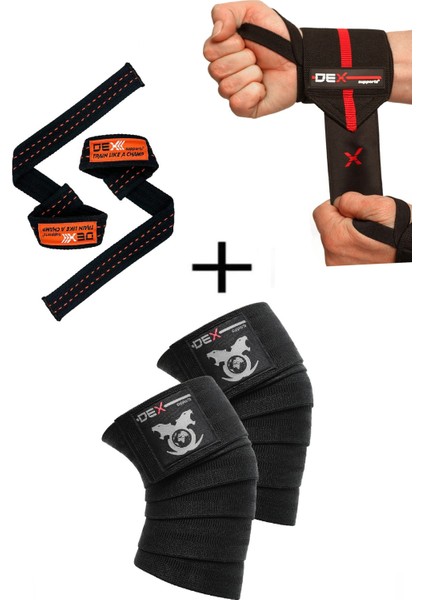 Fitness Sporcu Bilekliği Wrist Wraps Elite + Ağırlık Kaldırma Kayışı Lifting Straps Turuncu + Antrenman Dizliği Knee Wraps Legend 3'lü Paket