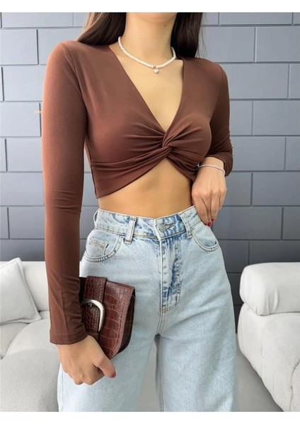 Kadın V Yaka Önü Drape Detaylı Uzun Kollu Süper Crop Bluz