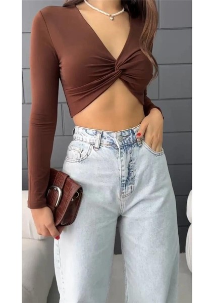 Kadın V Yaka Önü Drape Detaylı Uzun Kollu Süper Crop Bluz