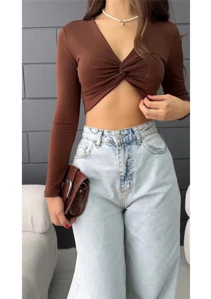 Kadın V Yaka Önü Drape Detaylı Uzun Kollu Süper Crop Bluz