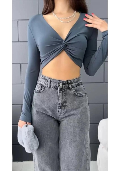 Kadın V Yaka Önü Drape Detaylı Uzun Kollu Süper Crop Bluz