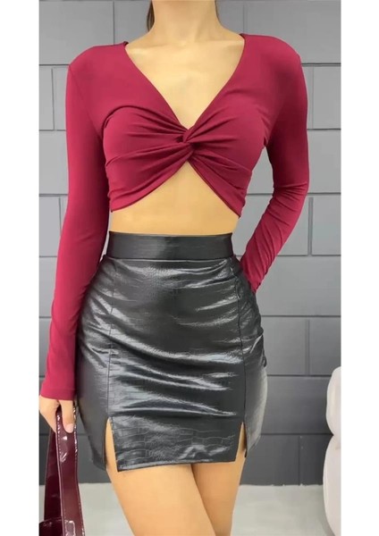 Kadın V Yaka Önü Drape Detaylı Uzun Kollu Süper Crop Bluz