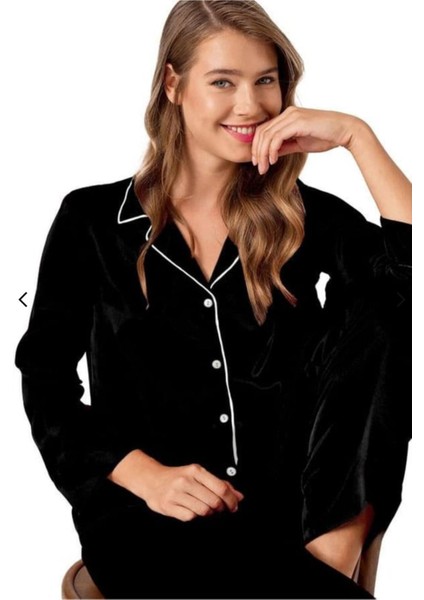 Siyah Önden Düğmeli Gömlek Yaka Pamuklu Kadın Pijama Takımı