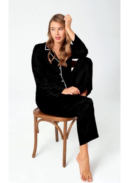 Siyah Önden Düğmeli Gömlek Yaka Pamuklu Kadın Pijama Takımı fiyatları