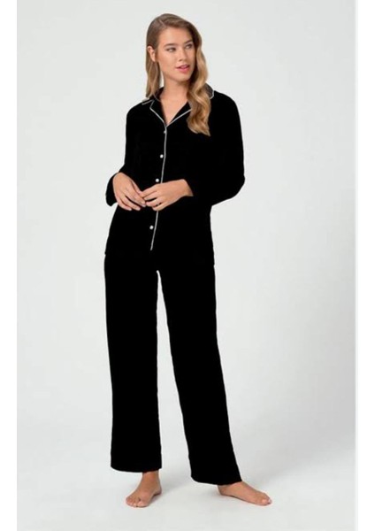 Siyah Önden Düğmeli Gömlek Yaka Pamuklu Kadın Pijama Takımı modelleri