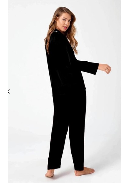 Siyah Önden Düğmeli Gömlek Yaka Pamuklu Kadın Pijama Takımı fırsatları