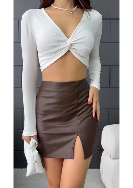 Kadın V Yaka Önü Drape Detaylı Uzun Kollu Süper Crop Bluz