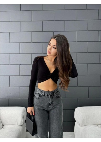 Kadın V Yaka Önü Drape Detaylı Uzun Kollu Süper Crop Bluz
