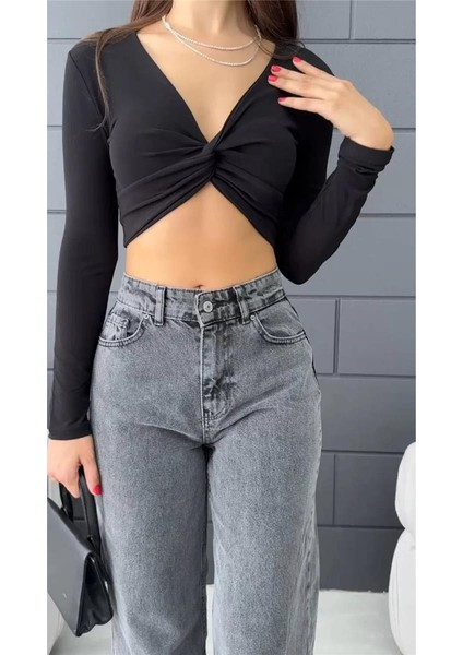 Kadın V Yaka Önü Drape Detaylı Uzun Kollu Süper Crop Bluz