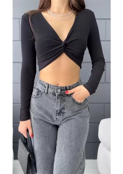 Kadın V Yaka Önü Drape Detaylı Uzun Kollu Süper Crop Bluz