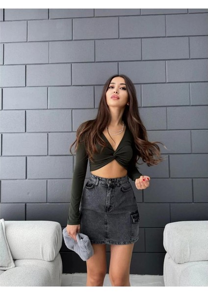Kadın V Yaka Önü Drape Detaylı Uzun Kollu Süper Crop Bluz