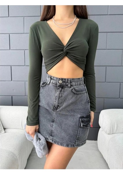 Kadın V Yaka Önü Drape Detaylı Uzun Kollu Süper Crop Bluz