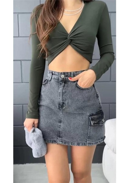 Kadın V Yaka Önü Drape Detaylı Uzun Kollu Süper Crop Bluz