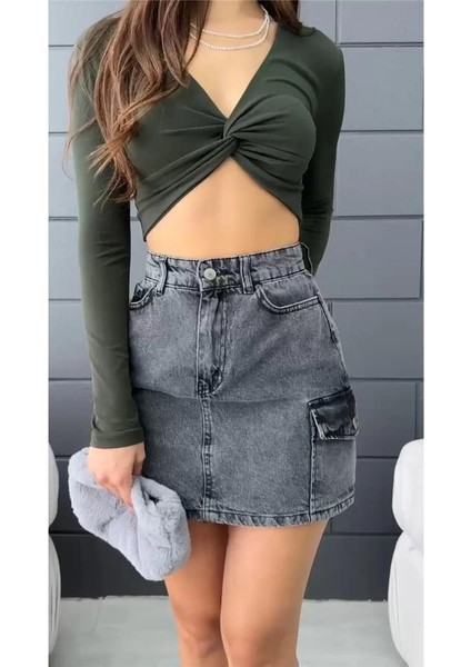 Kadın V Yaka Önü Drape Detaylı Uzun Kollu Süper Crop Bluz