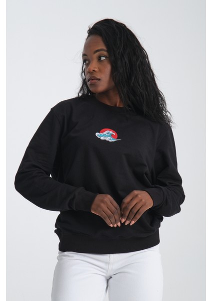 Japan Wave Kadın Yuvarlak Yakalı Nakışlı Siyah Sweatshirt
