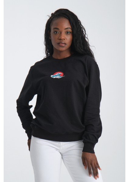Japan Wave Kadın Yuvarlak Yakalı Nakışlı Siyah Sweatshirt modelleri