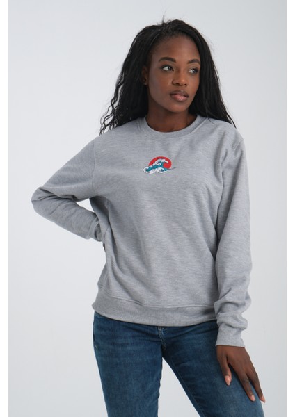 Japan Wave Kadın Yuvarlak Yakalı Nakışlı Siyah Sweatshirt