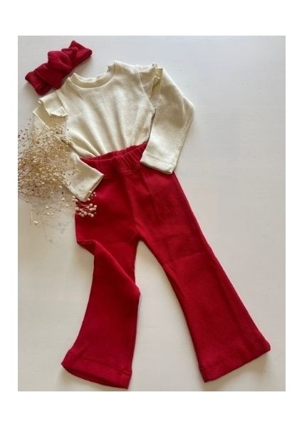 Kız Çocuk 3’lü Takım Krem Uzun Kollu Badi, Kırmızı İspanyol Tayt ve Bandana 8 yaş indirimleri