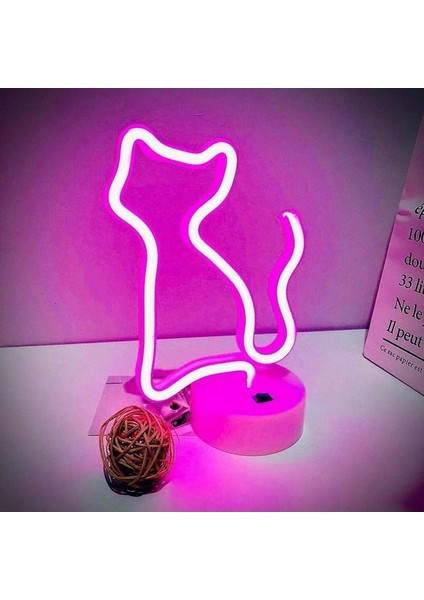 Neon LED Lamba Kedi LED Işıklı Lamba Pilli Masa Lambası