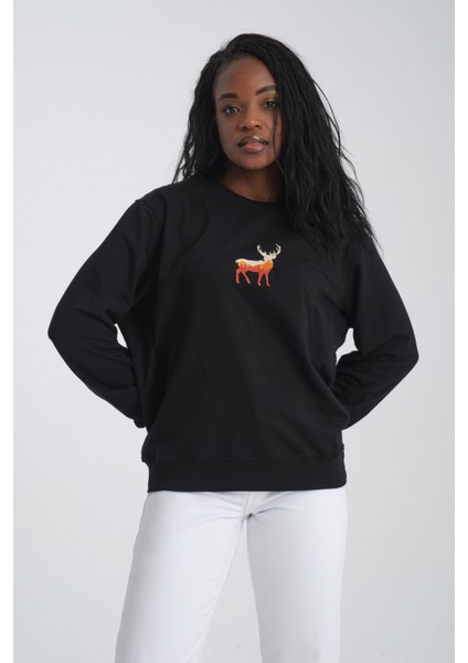 Deer Kadın Yuvarlak Yakalı Nakışlı Siyah Sweatshirt