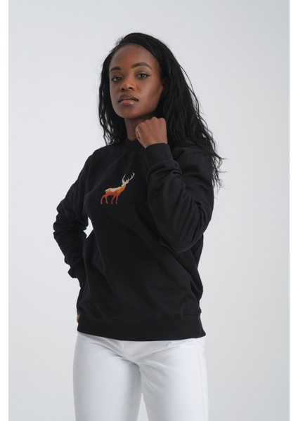 Deer Kadın Yuvarlak Yakalı Nakışlı Siyah Sweatshirt fırsatları