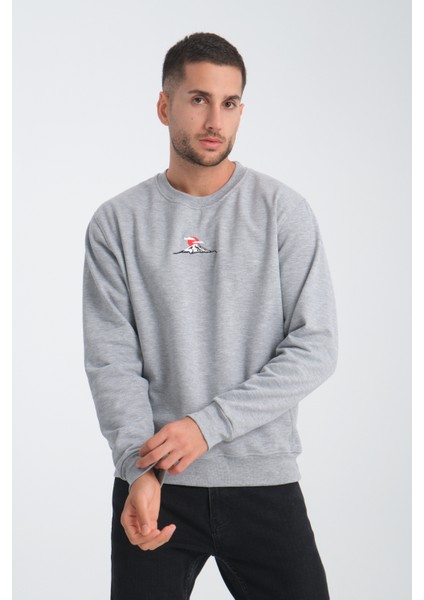 Mount Fuji Erkek Yuvarlak Yakalı Nakışlı Gri Sweatshirt