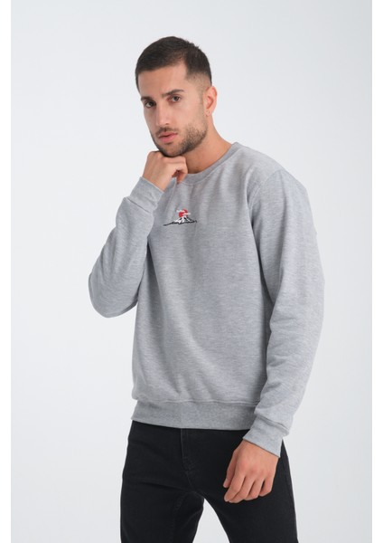 Mount Fuji Erkek Yuvarlak Yakalı Nakışlı Gri Sweatshirt
