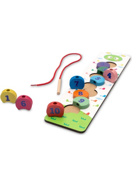 Montessori Eğitici Ahşap Tırtıl Ipe Dizme Oyunu - Renkli Sayılar