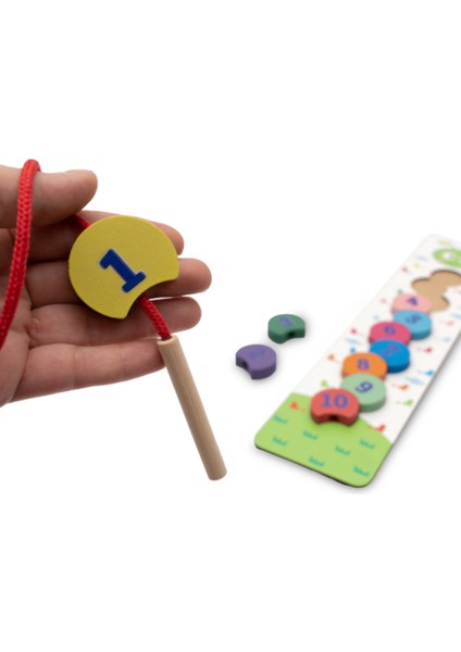 Montessori Eğitici Ahşap Tırtıl Ipe Dizme Oyunu - Renkli Sayılar modelleri