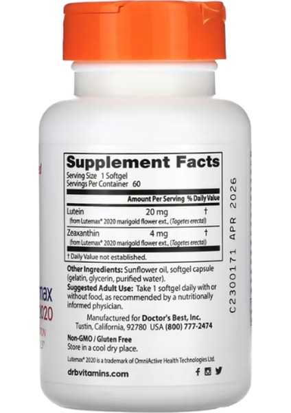 Doctor's Best, Lutein With Lutemax 2020, 20 Mg, 60 Softgels.ozelsporcugıdaların'dan modelleri