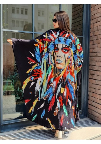 ÖZEL TASARIM ASTEK BASKILI BOHO KİMONO - KAFTAN