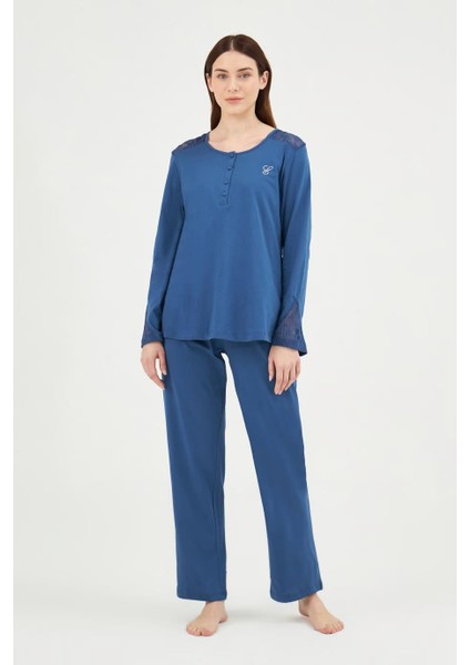 29540 Indigo Pamuklu Dantel Detaylı Kadın Pijama Takımı