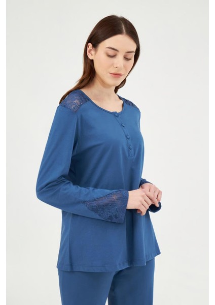 29540 Indigo Pamuklu Dantel Detaylı Kadın Pijama Takımı modelleri