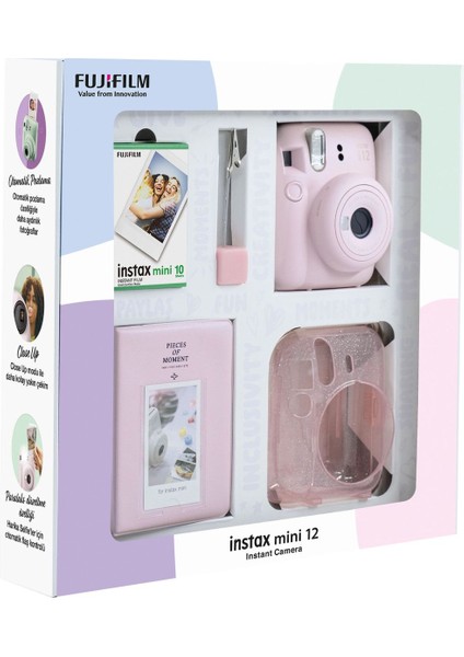 10 - 15 Mp Instax Mini 12 Pembe Fotoğraf Makinesi 10'lu Film Simli Pleksi Kılıf Pvc Albüm ve Kıskaç