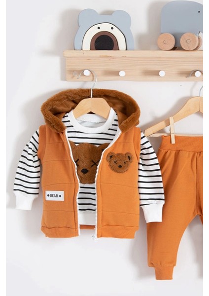 3-18 Ay Erkek Bebek Takımı Peluş Ayıcık Kapişon 3'lü Turuncu modelleri