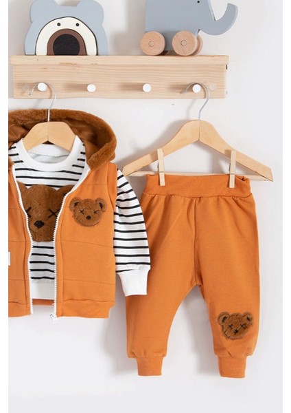 3-18 Ay Erkek Bebek Takımı Peluş Ayıcık Kapişon 3'lü Turuncu fırsatları