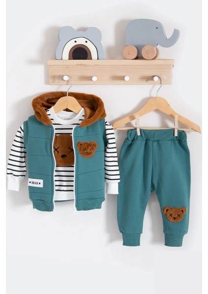 3-18 Ay Erkek Bebek Takımı Peluş Ayıcık Kapişon 3'lü Yeşil