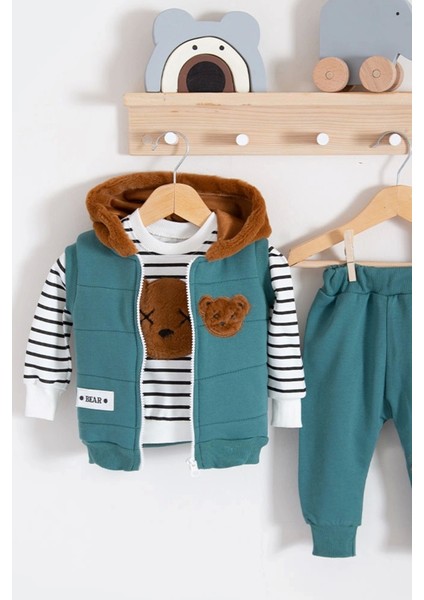 3-18 Ay Erkek Bebek Takımı Peluş Ayıcık Kapişon 3'lü Yeşil fiyatları