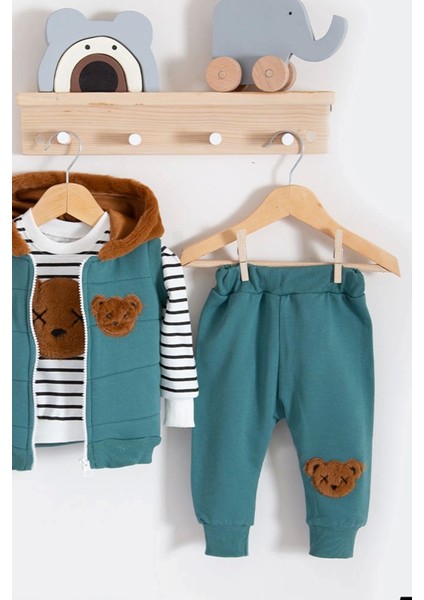 3-18 Ay Erkek Bebek Takımı Peluş Ayıcık Kapişon 3'lü Yeşil modelleri