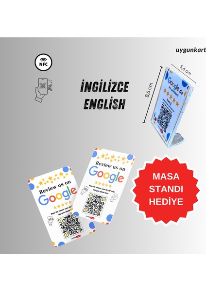 Ingilizce Google Yorum Kartı - Google Işletme Puanlama Kartı - 5 Yıldız Puan Toplar (Nfc ve Karekod Özellikli) - Tüm Telefonlarlar ile Uyumlu