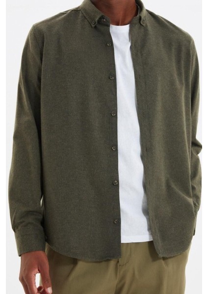 Erkek Moda Uzun Kol Dokuma Yeşil Slim Fit Düğmeli Yaka Kışlık Gömlek