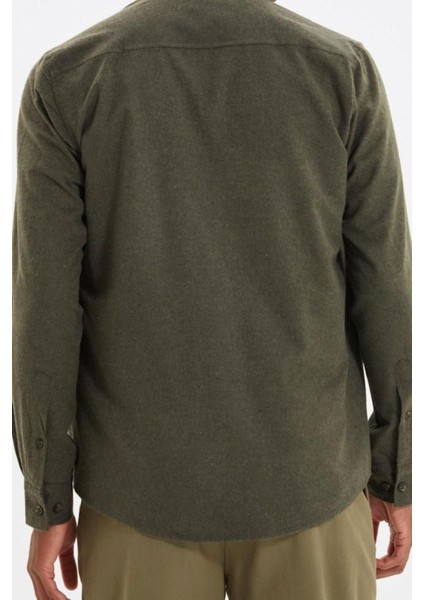 Erkek Moda Uzun Kol Dokuma Yeşil Slim Fit Düğmeli Yaka Kışlık Gömlek