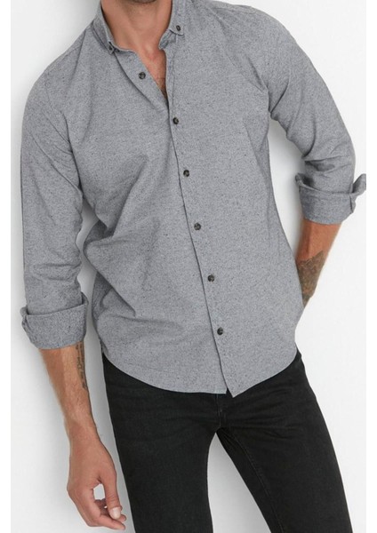 Erkek Moda Uzun Kol Dokuma Gri Slim Fit Düğmeli Yaka Kışlık Gömlek