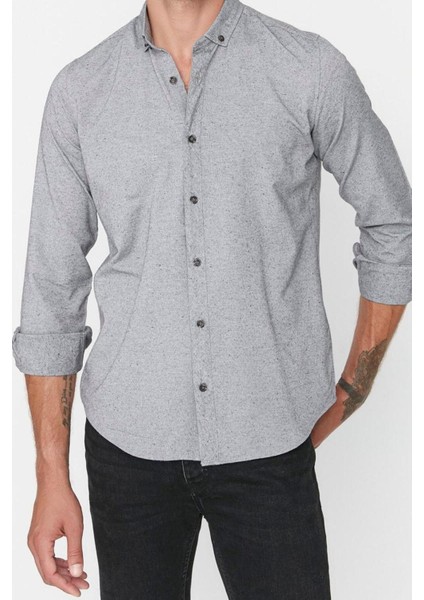 Erkek Moda Uzun Kol Dokuma Gri Slim Fit Düğmeli Yaka Kışlık Gömlek
