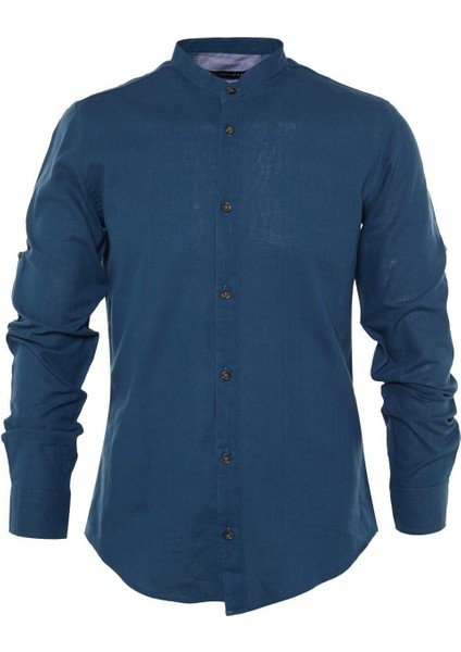 Erkek Moda Uzun Kol Dokuma Indigo Basic Hakim Yaka Apoletli Slim Fit Uzun Kollu Gömlek