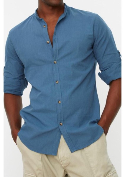 Erkek Moda Uzun Kol Dokuma Indigo Basic Hakim Yaka Apoletli Slim Fit Uzun Kollu Gömlek