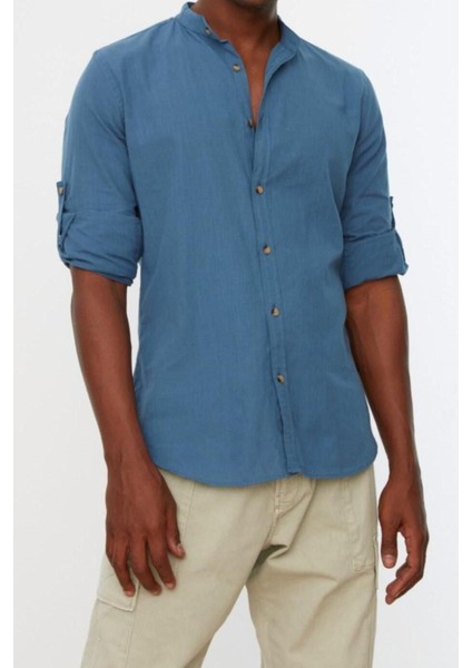 Erkek Moda Uzun Kol Dokuma Indigo Basic Hakim Yaka Apoletli Slim Fit Uzun Kollu Gömlek