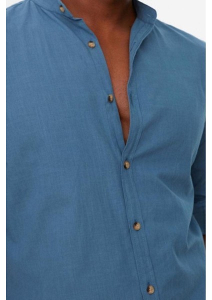Erkek Moda Uzun Kol Dokuma Indigo Basic Hakim Yaka Apoletli Slim Fit Uzun Kollu Gömlek